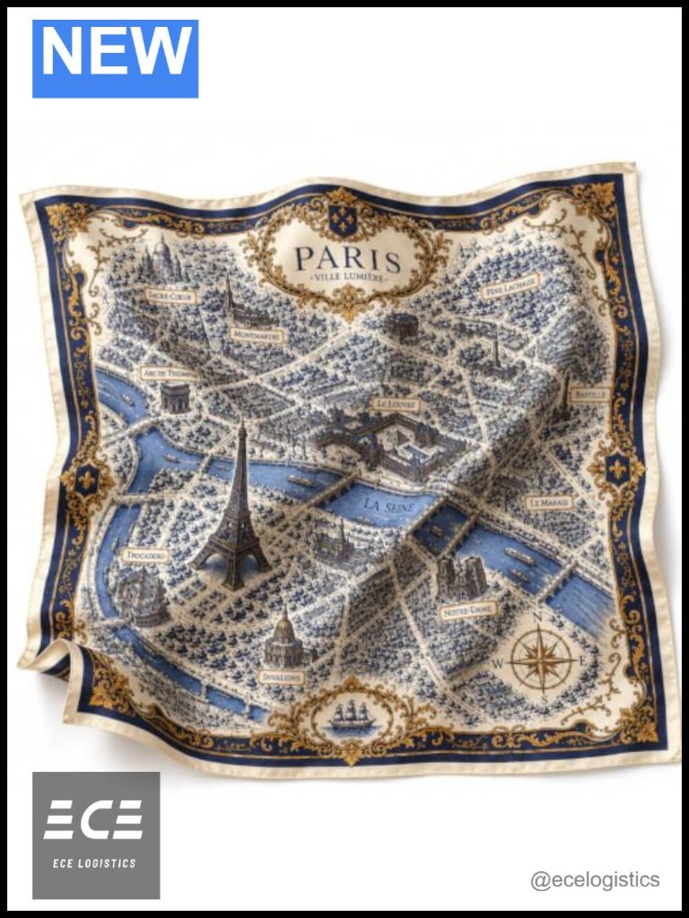 100% Mulberry Silk Twill Square Scarf 35x35 Hand-Rolled Edges Paris Map
